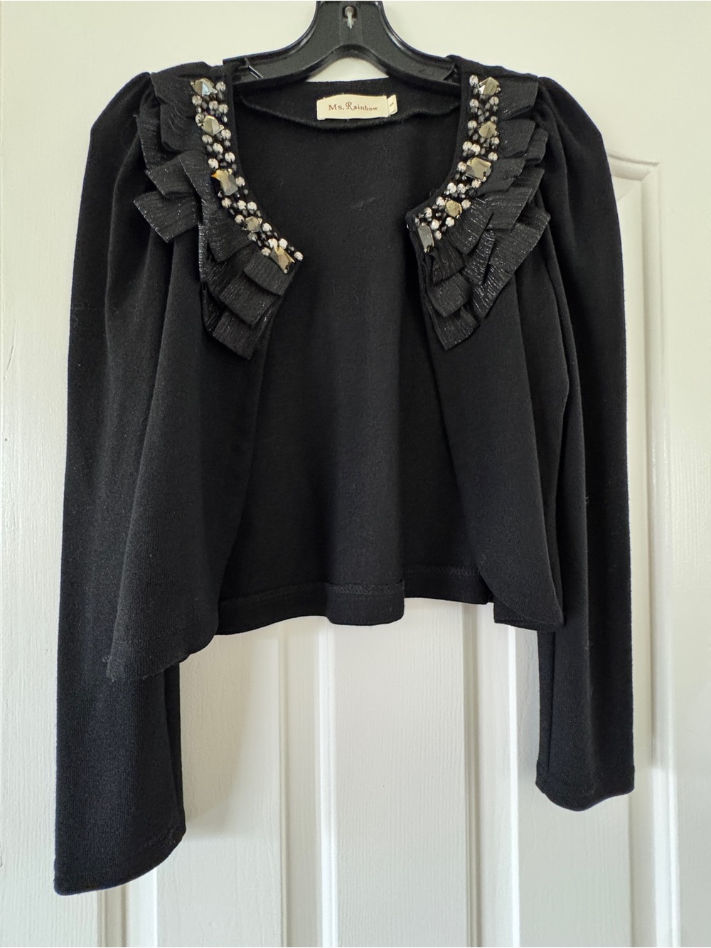 Ms. Rainbow Black Jeweled Ruffle Cropped Cardigan Jacket Size S